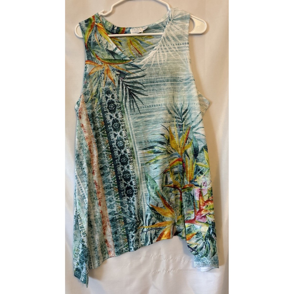 Time And Tru Tropical Floral Green V Neck Sleeveless Tank Top Size XL